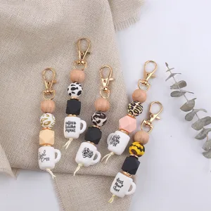 Leopard Silikon Perlen Schlüsselanhänger Kaffeetasse Anhänger Holzperle Taschenanhänger Schlüsselring Personalisiertes Geschenk Damen Schmuck