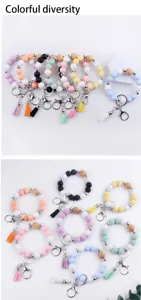 Silicone bead wristlet keychain detail featuring colorful round beads and cute tassels.