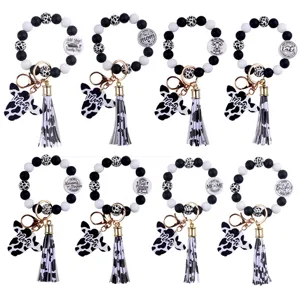 Cartoon Western Bull Head Silicone Beaded Bracelet Keychain Cow Pattern Leather Tassel Key Ring Pendant Gift For Men Women