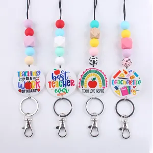 Regalo Apreciación Maestro Llavero Cuentas Silicona Cordón Con Colgante Acrílico Arcoíris Manzana Estampado Best Teacher Ever Joyería