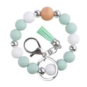 Silicone Beaded Wristlet Keychain Mint Green Beaded Bracelet with Cute Tassels Key Ring