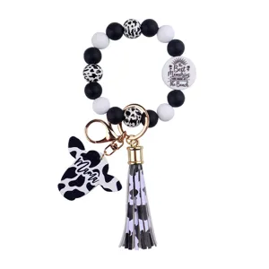 Silicone beaded wristlet keychain with cow print tassel and mama charm for keys bag decor