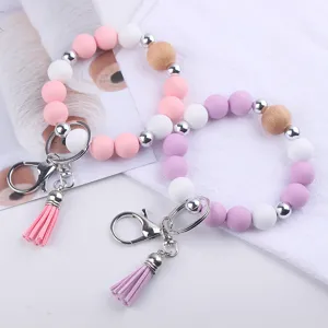 Handmade Silicone Beaded Wristlet Keychain With Wooden Bead Faux Leather Tassel Alloy Key Ring Bangle Bracelet Charm For Handbag Women Wallet Holder