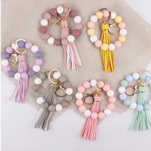Silicone bead wristlet keychain with leather tassel, colorful round beads for women keys.