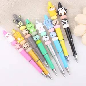 Cute cartoon animal silicone beaded pens set, creative DIY colorful plastic writing pens for kids.