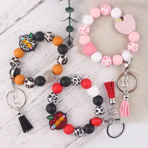 Silicone Beaded Wristlet Keychain With Apple Teacher Pendant PU Leather Tassel Bracelet Key Ring Appreciation Gift For Women