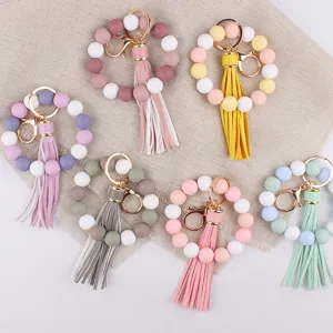Colorful silicone bead wristlet keychain with leather tassel stylish key ring bracelet for women