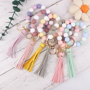 Colorful silicone bead wristlet keychain with leather tassel stylish key ring accessory