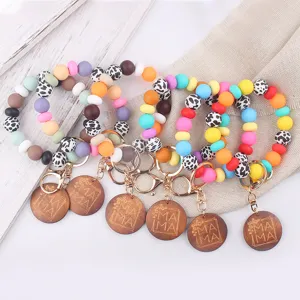 Kleurrijke siliconen kraal armband met MAMA houten bedel DIY sleutelhanger accessoire.