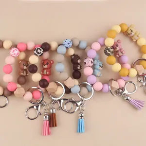 Süßer Cartoon Bär Silikon Perlen Armband Schlüsselanhänger mit Quaste DIY Schlüsselring