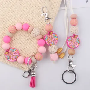Silicone bead wristlet keychain set cute apple pendant teacher appreciation gift accessory