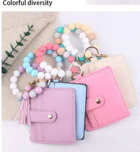 Buntes Silikonperlen Armband Schlüsselanhänger mit PU Leder Kartenetui Geldbörse und Quaste.