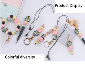 Silicone bead keychain set with cartoon pencil pendant, DIY wrist lanyard accessories.