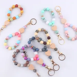 Colorful silicone bead wristlet keychain with beech wood heart charm for women key rings.