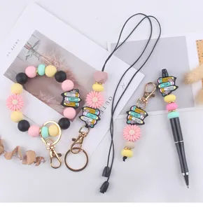 Silicone bead wristlet keychain set, cute DIY pencil theme 4-piece accessory kit for keys.