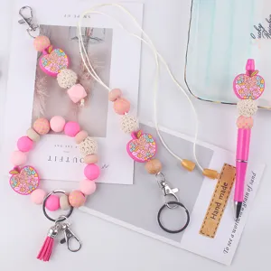 Pink silicone bead keychain lanyard set cute apple charm student teacher gift accessories