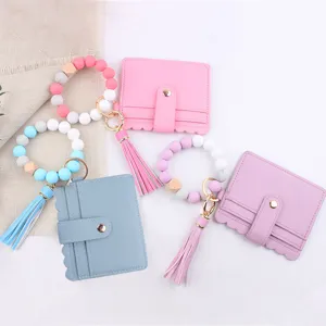 Silikonperlen Armband Schlüsselanhänger Mit PU Leder Kartenhalter Geldbeutel Quaste Schlüsselring Für Damen Taschenanhänger Mode Accessoire