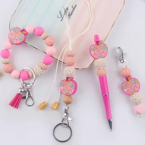 Cartoon Apple Silicone Bead Jewelry Accessories For Teacher Pink DIY Wood Bead Wristlet Lanyard Pen Charm Gift For Woman