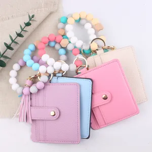 Bunte Silikonperlen Armband Schlüsselanhänger mit PU Leder Kartenhalter Brieftasche Quaste.