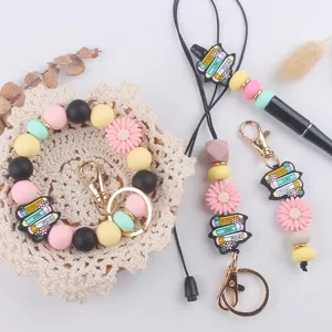 Silicone bead wristlet keychain set, cartoon pencil book teacher lanyard DIY accessories