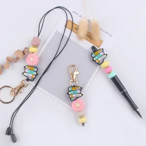 Cartoon pencil silicone bead lanyard keychain set, DIY cute school style accessory for daily use