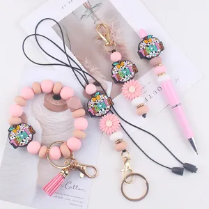 Set portachiavi perle silicone insegnante 4 pezzi braccialetto cordino penna rosa cute