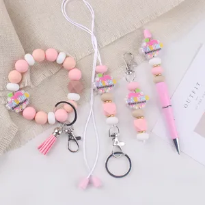 Geschenkset Zum Lehrertag Cartoon Silikon Perlen Schlüsselanhänger Armband Schlüsselband Kugelschreiber DIY Zubehör Für Lehrerinnen