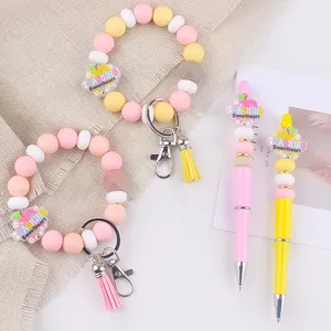 Silikon Perlen Armband Schlüsselanhänger und passender Kugelschreiber Set für Lehrer Tag.