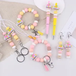 Silikon Perlen Armband Schlüsselanhänger Lanyard Set für Lehrer, süße DIY Geschenk Accessoires.