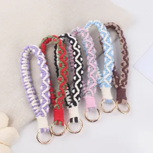 Handmade braided wristlet keychain set, multi-color woven strap with gold metal ring.