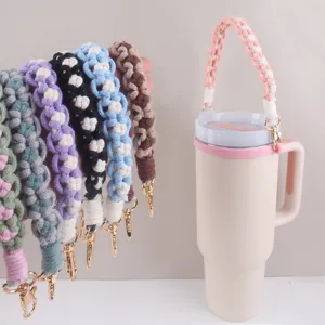Handmade Woven Flower Water Bottle Strap Cotton Macrame Cup Carrying Rope With Metal Clasp Fashion Bottle Holder Accessory