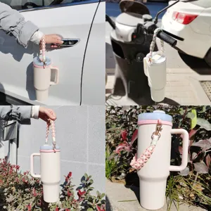Handmade woven cup strap accessory for large capacity water bottles, outdoor travel use detail.