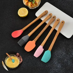 Mini Silicone Baking Utensils Set Colorful Spatula Kitchen Cookware Tools with Wooden Handles for Cooking Baking