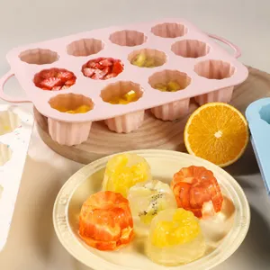 Détail macro d'un moule en silicone rose à 12 trous rempli de fruits pour les puddings
