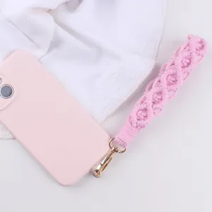 Correa de muñeca de macramé rosa hecha a mano llavero colgante de teléfono detalle