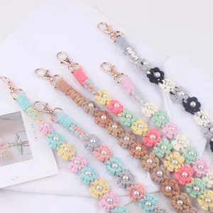 Handmade macrame daisy pearl water bottle strap detail, colorful woven cute cup lanyard