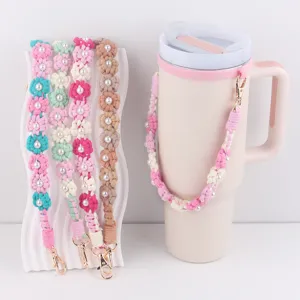 Handmade Woven Daisy Flower Water Bottle Strap With Artificial Pearl Cotton Hand-Woven Cup Rope Shoulder Crossbody Strap Cup Accessory
