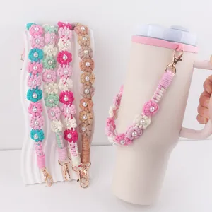 Handmade Crochet Daisy Pearl Cup Strap Lanyard for Tumbler Water Bottle Accessories