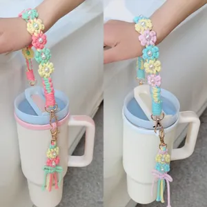 Handmade crochet daisy pearl water cup strap cute colorful tumbler handle lanyard design