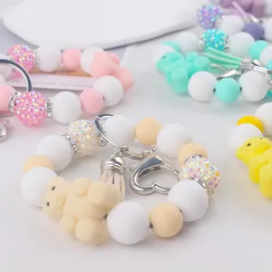 Silicone 3D Cartoon Bear Bead Bracelet Keychain Cute Wrist Strap Key Ring Accessories