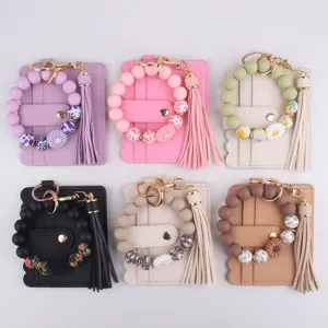 Silicone bead wristlet keychain with card holder, stylish PU leather wallet purse for women.