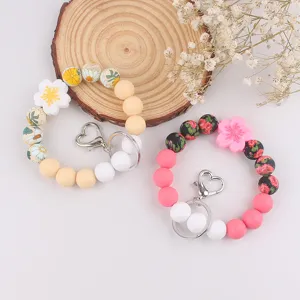 Silicone beaded keychain bracelet with flower charms and heart clasp fashion jewelry