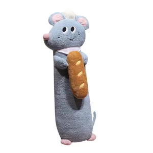 Cute grey long mouse plush pillow holding a baguette bread for sleeping