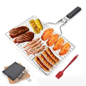 Cesta de parrilla cuadrada de acero inoxidable con carnes y verduras