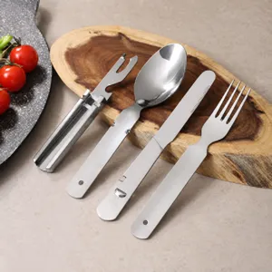 Portable stainless steel foldable camping cutlery set including spoon, fork, and knife
