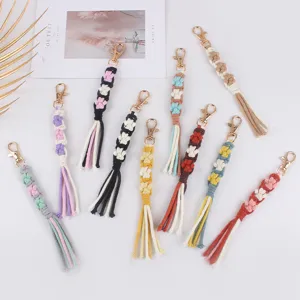 Handmade Woven Cotton Rope Keychain With Gold Alloy Lobster Clasp Boho Dog Paw Flower Pattern Keychain Bag Pendant Gift