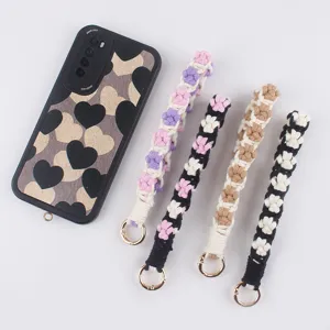 Handmade cotton rope key lanyard with floral paw design and metal ring fashion accessory
