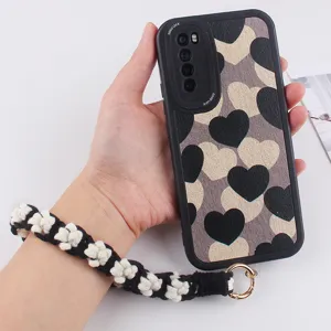 Handmade Woven Flower Phone Case Black and White Heart Pattern Wrist Strap Lanyard Accessory