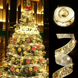 Weihnachtsband LED Lichterkette Batteriebetrieben Warmweiß Leuchtendes Gazeband Mit Bronzierstern Für Weihnachtsbaum DIY Dekoration