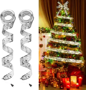 Silbernes Weihnachtsband LED Lichterkette DIY dekorative Schleife fuer Baum Party